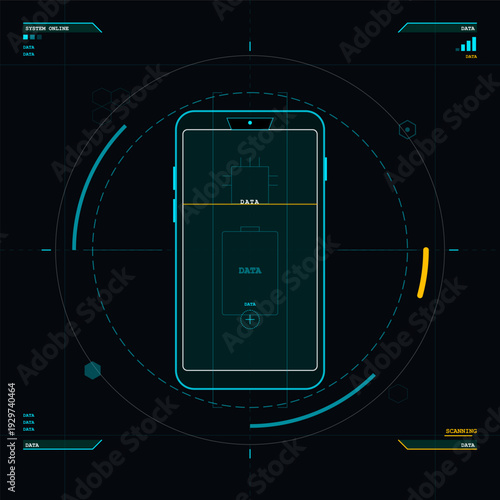 A futuristic digital interface displays a smartphone being scanned with various data points and system status indicators on a dark grid background with teal and yellow accents.