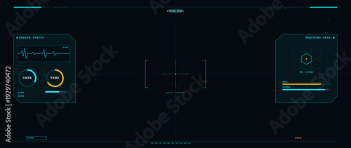 A futuristic digital heads-up display interface featuring health status monitoring, target scanning crosshairs, and tracking data panels on a dark background with cyan and yellow accents.
