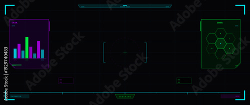 A futuristic digital head-up display interface featuring data bar charts, hexagonal maps, and tracking indicators on a dark grid background with cyan, green, and purple accents.