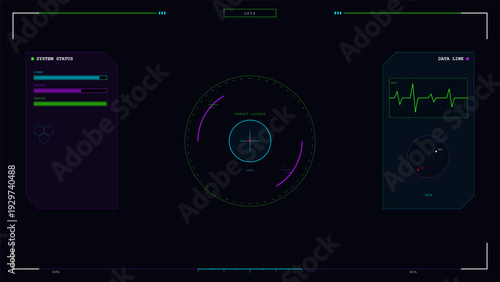 A futuristic digital heads-up display interface featuring system status bars, a central targeting reticle with target locked text, and a data link panel with a green waveform graph.