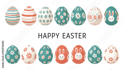 Delightful collection of decorated Easter eggs with various colorful patterns and bunny motifs surrounding Happy Easter text.