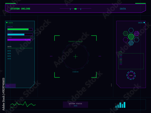 A futuristic digital heads-up display featuring a target crosshair, health bars, and system status data in neon green and purple colors on a dark background for a gaming interface.
