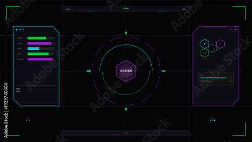 A futuristic digital heads-up display featuring neon green and purple interface elements, including progress bars for power and speed, a central system status, and data panels on a dark grid.