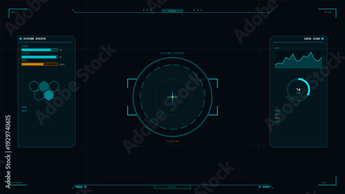 A futuristic digital head-up display interface featuring a central targeting reticle, system status bars, data scan graphs, and tracking information on a dark background.