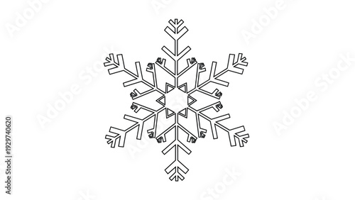 Geometric snowflake outline with multiple intricate branches and symmetrical patterns isolated on a clean white background.