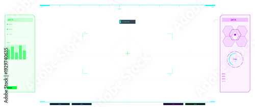 A futuristic digital heads-up display interface featuring data panels, bar charts, and a central scanning reticle on a clean white background with green and purple accents.