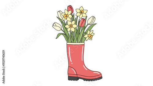 Vibrant bouquet of spring tulips and daffodils creatively arranged inside a bright red rubber rain boot on a white background.