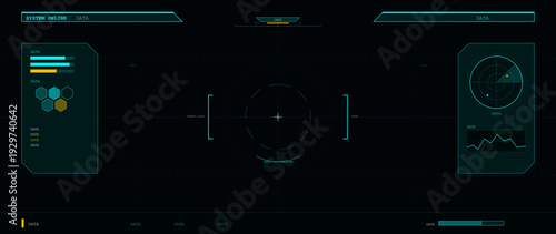 This futuristic digital heads-up display interface features a central targeting reticle, radar scanner, data charts, and hexagonal icons on a dark background for a sci-fi aesthetic.