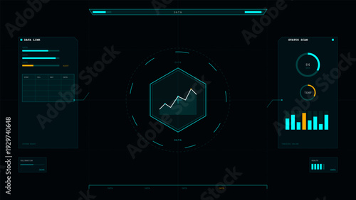 A futuristic digital dashboard interface featuring a central hexagonal line graph surrounded by various data visualization elements like circular gauges, bar charts, and status indicators.