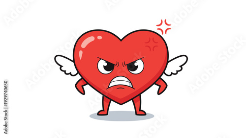 Angry red heart character with white wings and a fierce facial expression expressing rage or intense emotion on white background.
