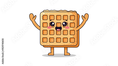 Happy cartoon waffle character with a joyful smiling face and arms raised in excitement against a clean white background.