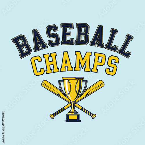 Baseball champions celebrate with trophy and bats on a light blue background tshirt design