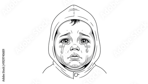 Detailed black and white sketch of a crying baby's face wearing a hood with large tears running down its cheeks in sadness.