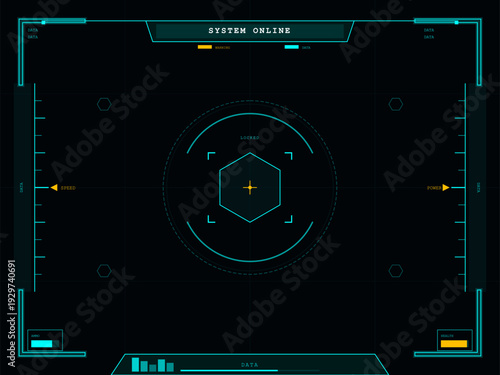 This futuristic digital heads-up display interface features various data metrics like speed, power, and health. The sci-fi HUD includes a central targeting reticle and geometric shapes.
