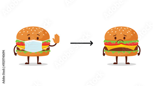 Illustration comparing a healthy cartoon burger wearing a mask to a sad thin burger representing significant dietary changes.