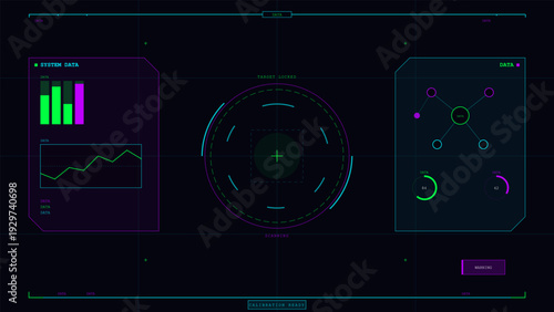 This futuristic digital interface displays system data with neon green and purple charts, a central targeting reticle, network diagrams, and circular progress gauges on a dark background.