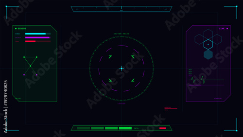 A futuristic digital user interface display featuring a central targeting reticle, status bars for power and shields, and various data monitoring panels on a dark background.
