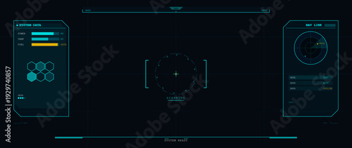 This futuristic digital heads-up display interface features system data, a scanning reticle, and navigation link panels with cyan and yellow elements on a dark background.