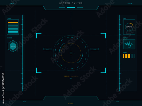 A futuristic digital head-up display interface featuring a central target reticle, power levels, shield status, and ammo indicators on a dark blue background with cyan and orange accents.