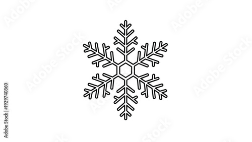 Symmetrical black outline of a simple snowflake featuring clean lines and traditional branching arms on a white background.