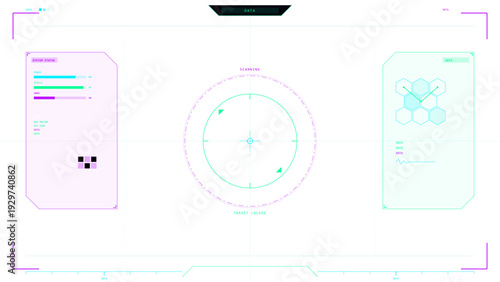 A futuristic digital heads-up display interface featuring a central targeting reticle, system status bars, and data visualization panels in a minimalist pastel color palette.
