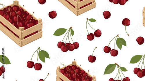 High-quality seamless pattern of wooden crates filled with ripe red cherries and scattered fruit with green leaves on white.