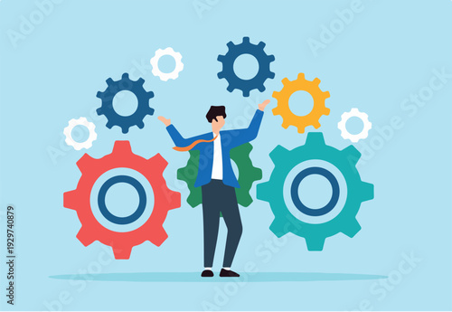 Flat illustration of businessman stand on interconnected gear cogwheel symbolizing process and workflow optimization.