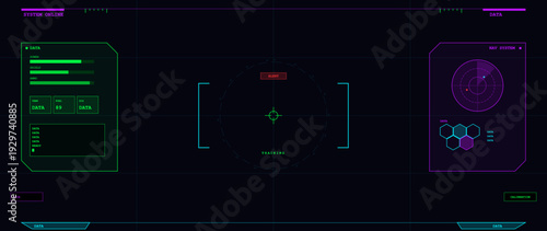 A futuristic digital heads-up display featuring neon green and purple interface elements including data panels, a central targeting reticle, and a navigation radar on a dark background.