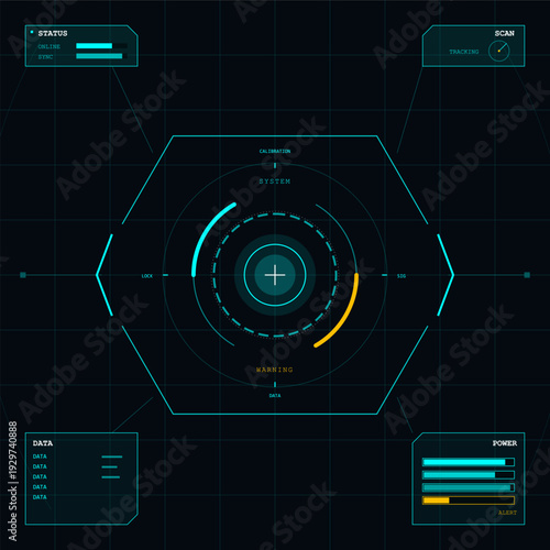 A futuristic digital heads up display interface featuring a central hexagonal frame with a crosshair, status bars, data panels, and a grid background in cyan and yellow tones.