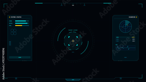 This futuristic digital heads-up display interface features a central targeting reticle, system status bars for power and shields, a scanning radar, and various data monitoring elements.
