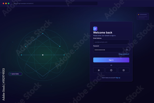 A dark-themed website login page interface featuring a futuristic geometric graphic on the left and a secure sign-in form with email and password fields on the right.