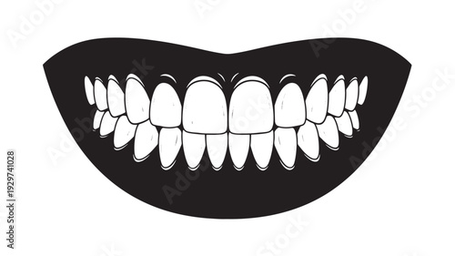 Mouth cartoon illustration with big smile and white teeth, black lips silhouette, dental hygiene concept on white background
