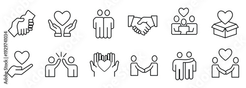 Community support and charity icon set – volunteering, helping hands, care and social assistance line icons