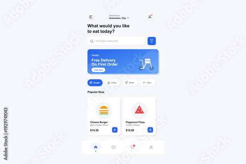 A clean mobile application user interface for food delivery services featuring a search bar, promotional banner, food categories, and popular menu items like burgers and pizza.