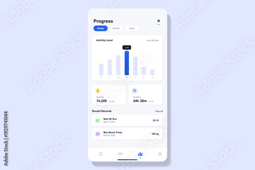 A mobile application interface displays fitness progress with a bar chart for activity levels, calorie tracking, workout duration, and recent exercise records on a light background.