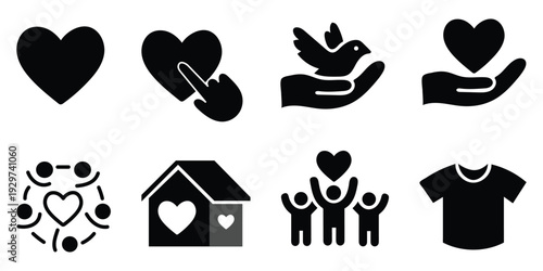 Love care charity and donation icon set – heart support volunteer family symbols
