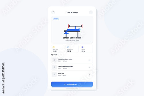 A mobile application interface displays a chest and triceps workout routine featuring a barbell bench press illustration with exercise details and a list of upcoming movements.