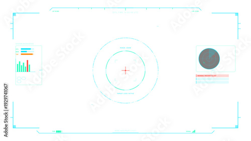 This futuristic digital heads-up display interface includes a central target lock, radar, system diagnostics, and proximity alerts on a clean white background.