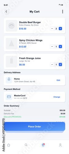 A mobile application interface showing a food delivery shopping cart with items like a burger, wings, and juice, including delivery address, payment method, and order summary.