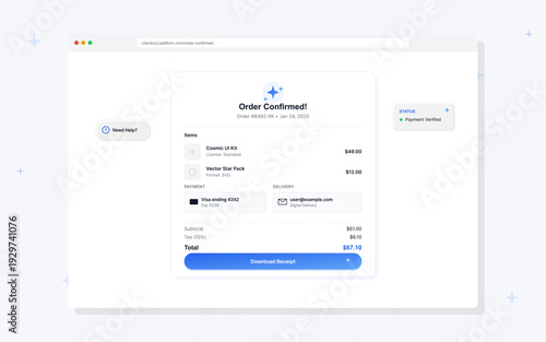A minimalist digital receipt interface displaying a confirmed order status, itemized list of software assets, payment method details, and a blue download button for the customer.