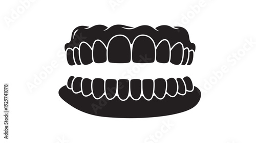 Grillz teeth icon with black silhouette mouth, upper and lower dental caps, hip hop jewelry style isolated on white
