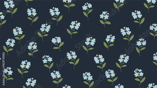Elegant seamless pattern of delicate blue forget-me-not flowers with green stems against a dark navy blue background surface.