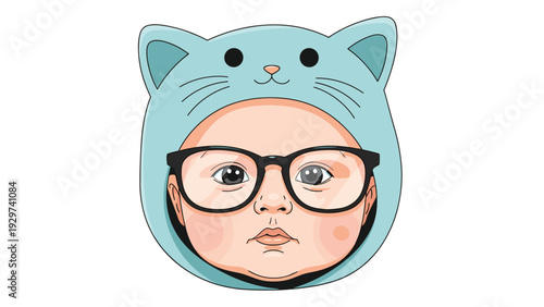 Charming portrait of a small baby wearing a light blue cat-themed hat and large black glasses on a plain white background.