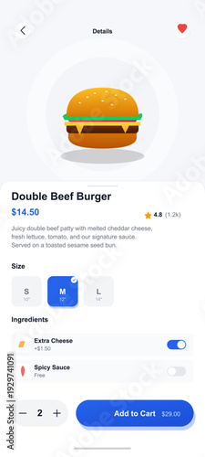 This mobile app user interface shows an online food delivery menu for a double beef burger including price, rating, size selection, extra ingredients, and an order button.