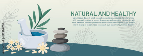 Natural and healthy spa banner with mortar, pestle, green leaves, and stacked zen stones, promoting wellness and relaxation.