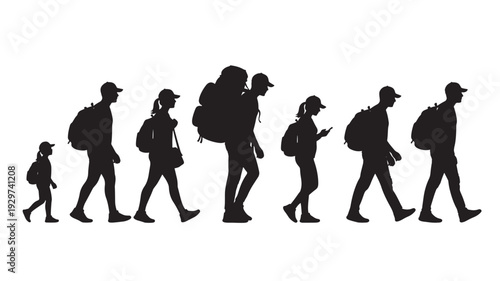 Hikers silhouette set with men, women and child walking with backpacks, trekking gear and outdoor travel adventure poses