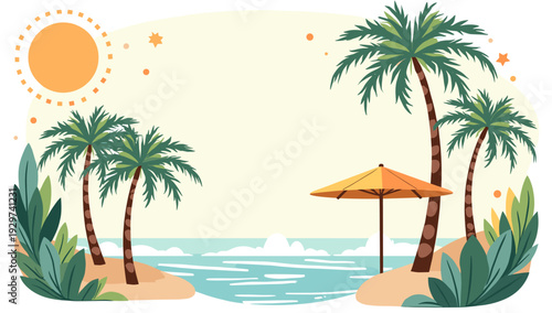 A vibrant, stylized illustration of palm trees and lush foliage evokes a sense of tranquility and escape, perfect for travel promotions or summer-them