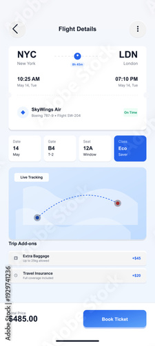 A mobile application interface displays flight details for a trip from New York to London, including departure times, seat information, a live tracking map, and various booking options.