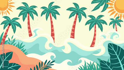 A vibrant, stylized illustration evokes a relaxing beach scene. Perfect for travel promotions, summer content, or adding a cheerful vibe to designs.