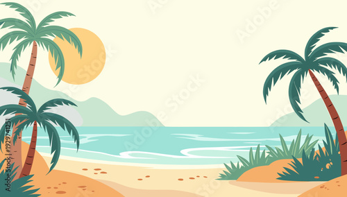 A serene illustration of palm trees on a beach evokes relaxation and escape. Ideal for travel promotions, vacation content, or conveying a peaceful at